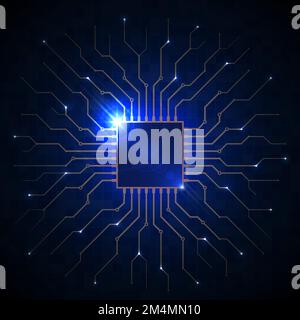 Abstract digital chip, computer processor, cpu, printed circuit board. Artificial intelligence. Dark blue technology background, template, design Stock Vector