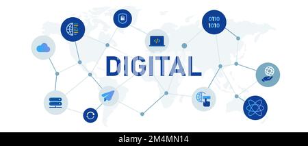 Digital technology bit code concept illustrated interconnected blue icons white background wide header corporate format Stock Vector