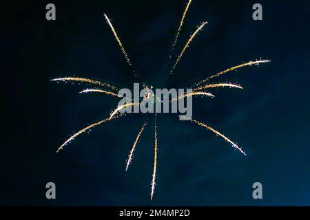 An explosion of bright single fireworks, against the background of the night sky. High quality photo Stock Photo
