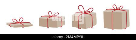 Set: gift packages wrapped with kraft paper and red bow. Different sizes and measurements. Brown paper presents. Vector illustration, flat design Stock Vector