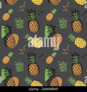 Pine apple vector seamless pattern on grey background. One continuous line art drawing design of pine apple pattern Stock Vector