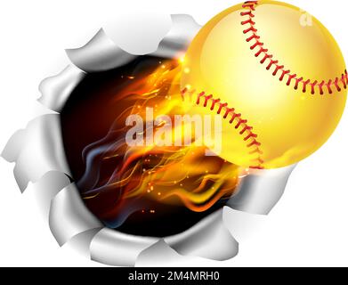Softball Ball Flame Fire Breaking Background Stock Vector