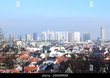 BRATISLAVA, SLOVAKIA - DECEMBER 18, 2022: Cityscape skyline view from the castle with skyscrapers. Stock Photo