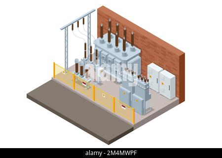 Isometric Transformer . Electric Energy Factory Distribution Chain. Isolated set Icon Energy Substation. High-Voltage Power Station. Stock Vector