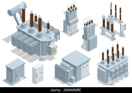 Isometric Transformer . Electric Energy Factory Distribution Chain. Isolated set Icon Energy Substation. High-Voltage Power Station. Stock Vector