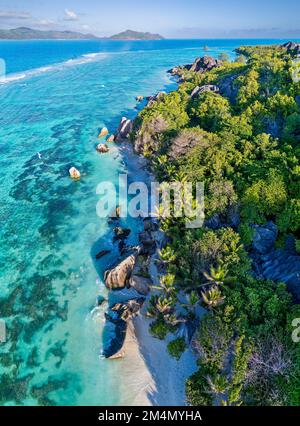Aerial panoramic view of Beach Anse Source d'Argent, La Digue, Seychellen in morning light Stock Photo