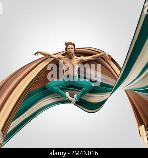 Modern design. Contemporary art. Muscular young man, ballet dancer performing over grey background. Colorful abstract elements Stock Photo