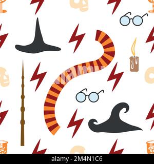 Witches school of magical objects seamless pattern in flat style. Broom, candle, skull, zipper, scarf, hat, potion, glasses knife Stock Vector