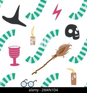 Witches school of magical objects seamless pattern in flat style. Broom, candle, skull, zipper, scarf, hat, potion, glasses knife Stock Vector
