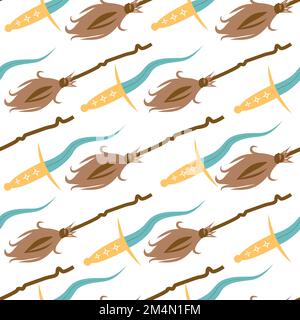 Witches school of magical objects seamless pattern in flat style. Broom, candle, skull, zipper, scarf, hat, potion, glasses knife Stock Vector