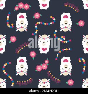 Seamless pattern with llama, alpaca faces. Cute drawings of llama head with hearts, inscription, mountains, cacti, star, dreamcatcher. Hand drawing fo Stock Vector