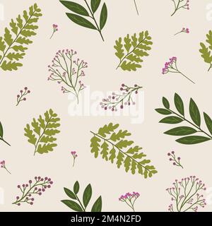 Simple floral seamless pattern with flowers and leaves. Fern and bay leaf botanical pattern on beige background. Floral texture for textile and wall d Stock Vector