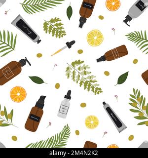 Seamless pattern of recyclable bottles, jars and tubes with organic cosmetics, skin care products and leaves. Cleanser, tonner, serum, treatments, oil Stock Vector