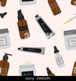 Seamless pattern of recyclable bottles, jars and tubes with organic cosmetics and skin care products. Cleanser, tonner, serum, treatments, oil, cream Stock Vector