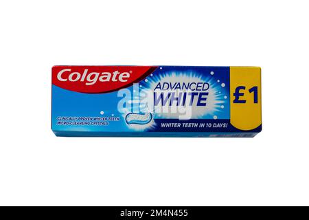 Colgate Advanced White toothpaste whiter teeth in 10 days clinically proven whiter teeth micro-cleansing crystals isolated on white background Stock Photo