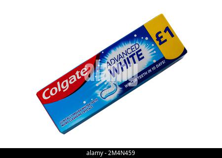Colgate Advanced White toothpaste whiter teeth in 10 days clinically proven whiter teeth micro-cleansing crystals isolated on white background Stock Photo