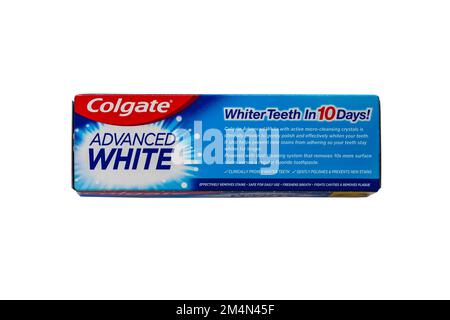 Colgate Advanced White toothpaste whiter teeth in 10 days clinically proven whiter teeth micro-cleansing crystals isolated on white background Stock Photo