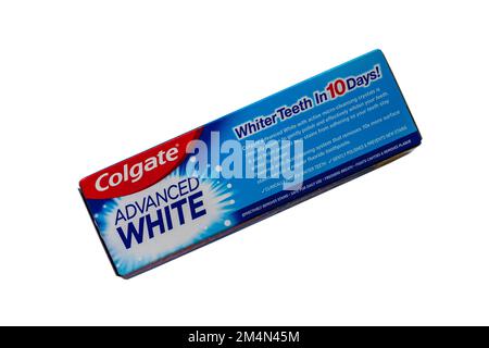 Colgate Advanced White toothpaste whiter teeth in 10 days clinically proven whiter teeth micro-cleansing crystals isolated on white background Stock Photo