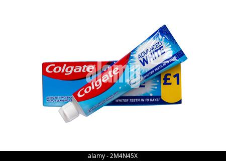 Tube of Colgate Advanced White toothpaste whiter teeth in 10 days  on box isolated on white background Stock Photo