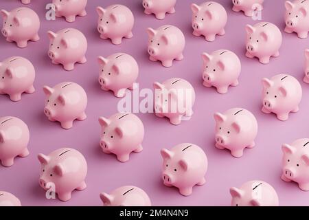 Array of pink piggy banks on pink background. Illustration of the concept of personal savings and financial investment Stock Photo