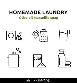 6 icons which stand for the steps for making homemade laundry. Icons designed in line art style can be used for web and print Stock Vector