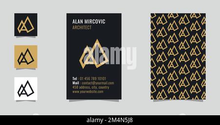 a and m letter monogram logo with vertical business card template. Architect, construction, builder, consulting, designer, gold, modern logo and banne Stock Vector