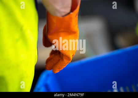 fisherman wearing waterproof clothes and gloves on a fishing boat in australia in summer Stock Photo
