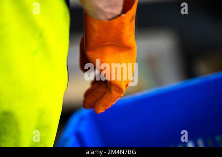 fisherman wearing waterproof clothes and gloves on a fishing boat in australia in summer Stock Photo
