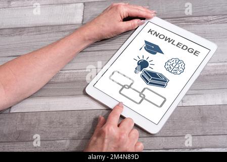 Knowledge concept shown on a tablet used by a woman Stock Photo