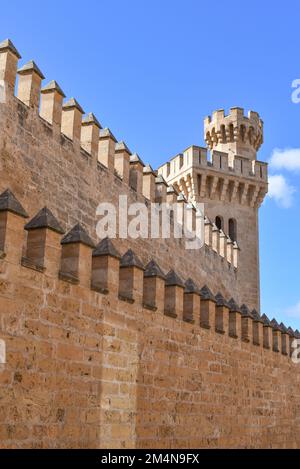 Palma de Mallorca, Spain - 7 Nov, 2022: Towers and outer walls of the Royal Palace of La Almudaina Stock Photo