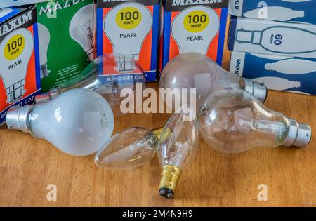 A selection of old and obsolete incandescent filament light bulbs. Stock Photo