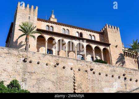 Palma de Mallorca, Spain - 7 Nov, 2022: Towers and outer walls of the Royal Palace of La Almudaina Stock Photo