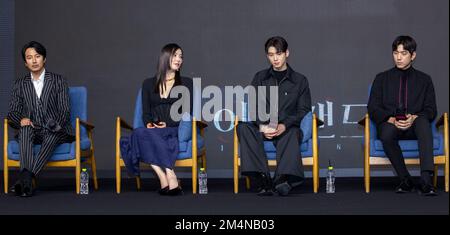 Seoul, South Korea. 22nd Dec, 2022. (L to R) Actor Kim Nam-gil, actress Lee Da-hee and actor Sung Joon, South Korean actor and vocal Cha Eun-woo during a press conference Tving's new series 'Island' in Seoul, South Korea on December 22, 2022. The Series tells fantasy exorcism story set on Jeju Island is to be released in South Korea on December 30. It will premiere globally on Amazon Prime Video on the same day. (Photo by Lee Young-ho/Sipa USA) Credit: Sipa USA/Alamy Live News Stock Photo