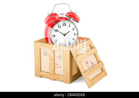 Alarm clock inside wooden box, delivery concept. 3D rendering isolated on white background Stock Photo
