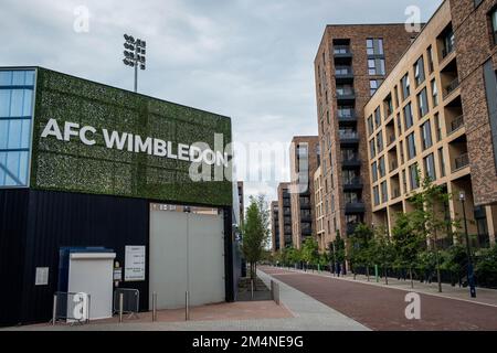 London- September 2022: AFC Wimbledon stadium on Plough Lane in Merton, south west London. English Football League 2 football team Stock Photo