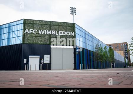 London- September 2022: AFC Wimbledon stadium on Plough Lane in Merton, south west London. English Football League 2 football team Stock Photo