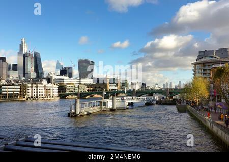 View down the river Thames past London City to Canary Wharf Stock Photo