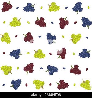 Seamless endless pattern of grapes in green, pink and blue on white background. Hand-drawn vector illustration in doodle style with thick outlines. Stock Vector