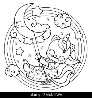 Cat unicorn swinging on the moon. Black and white linear image. Vector Stock Vector