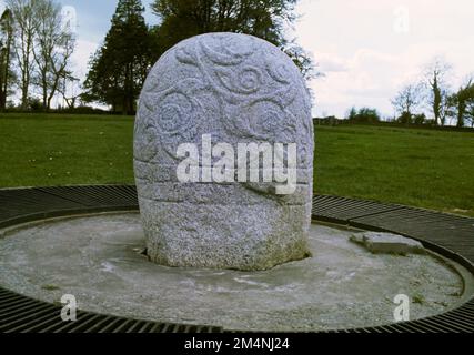 View SW of the Turoe Stone La Tène decorated Celtic stone pillar, Bullaun, Loughrea, Co Galway, Republic of Ireland: the finest example in Europe. Stock Photo