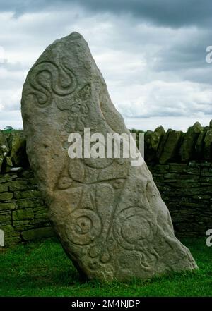 North face of Aberlemno Class I Pictish symbol stone, Angus, Scotland, UK, incised with a serpent, a double disc and Z-rod & a mirror and comb. Stock Photo