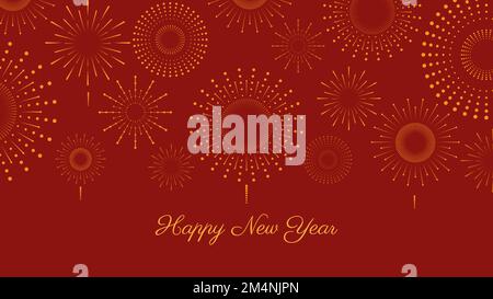 Gold flat fireworks design on red background, vector illustration line art starburst set Stock Vector