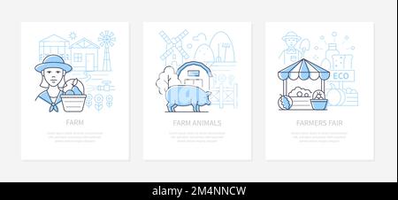 Farm animals and fair - line design style banners set Stock Vector