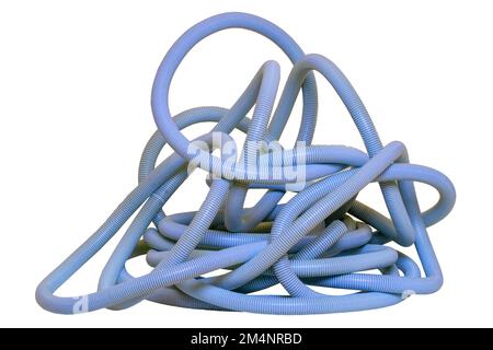 Blue industrial flexible corrugated pipe for installations of electric cable isolated on a white background. Hoses of flexible PVC. Macro. Stock Photo