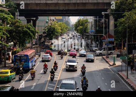 Bangkok, Thailand. November 16, 2022. Car and bike traffic in central Bangkok (Rama I Road) Stock Photo