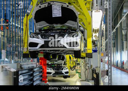 Bremen, Germany 2013. White Mercedes Benz AMG car body goes to the next stage of assembly, factory in Bremen Stock Photo