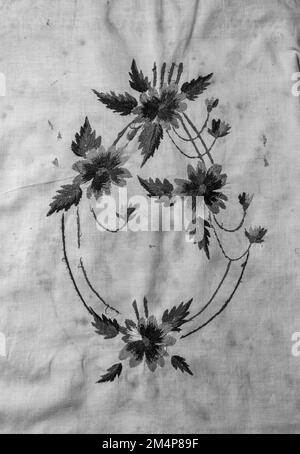 Towel with Ukrainian ethnic ornament, well embroidered with satin stitch, close-up Stock Photo