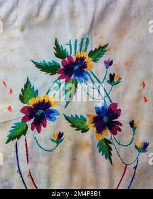 Towel with Ukrainian ethnic ornament, well embroidered with satin stitch, close-up Stock Photo