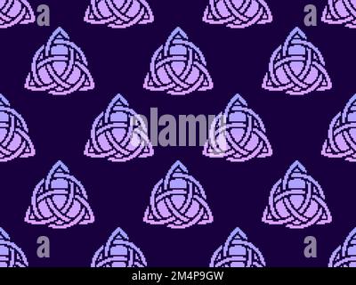 Seamless pattern with Triquetra in pixel art style. Pixelated Triquetra. Trinity knot. Style of 8-bit retro games from the 80s and 90s. Design for app Stock Vector