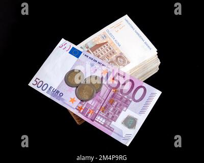 Croatia Kuna Kune Kunas banknotes and European Euro Euros Black background Stock Photo